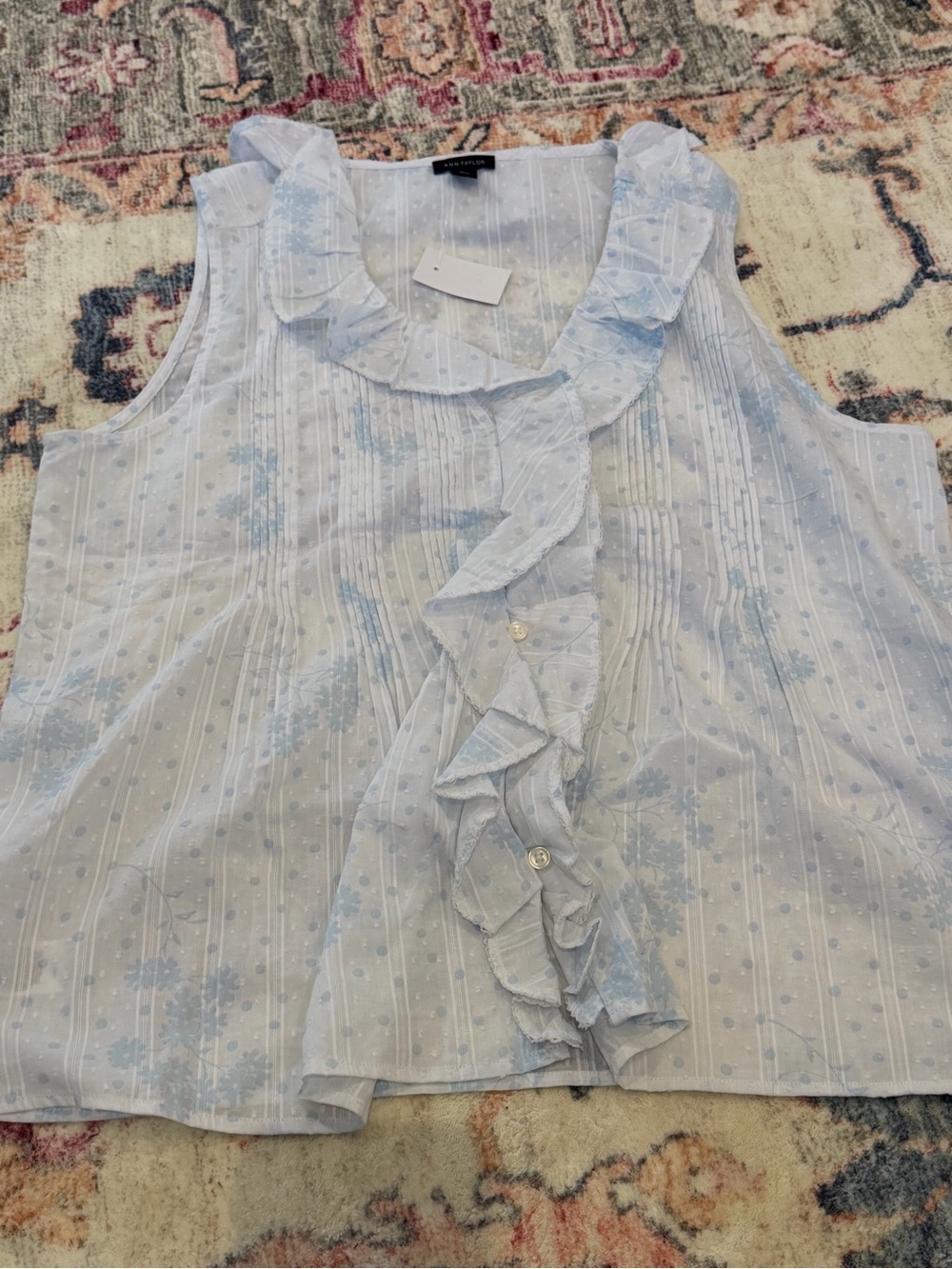 Ann Taylor Light Blue Floral Ruffle Button-Front Blouse